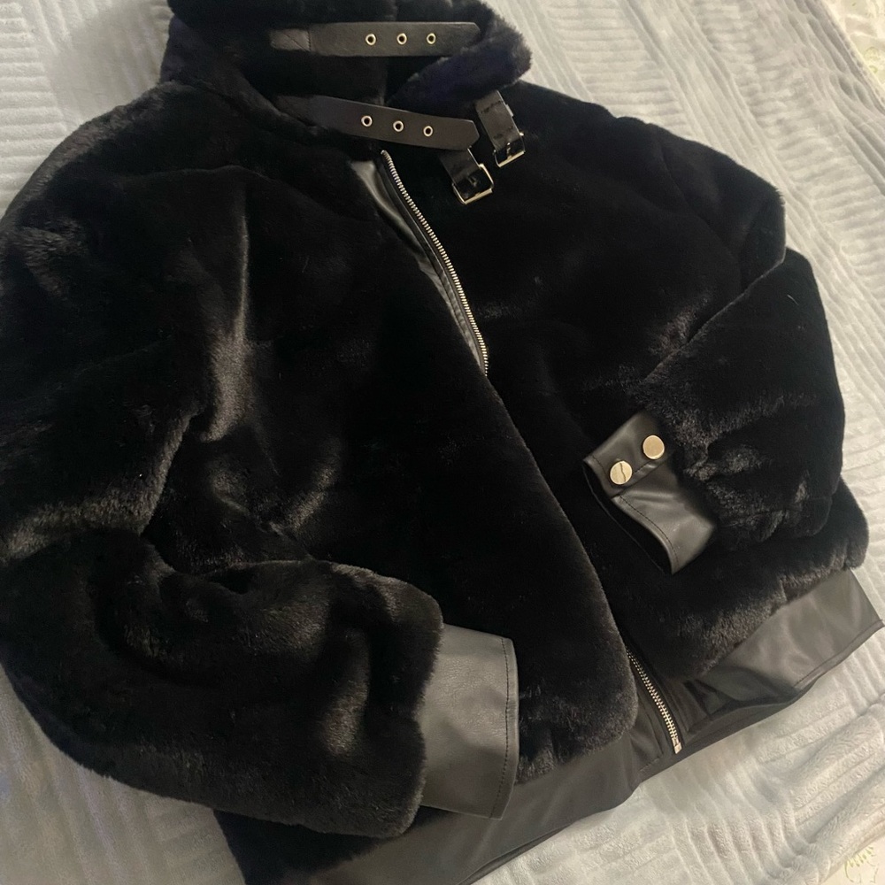 Black Faux Fur Jacket with Leather Accents